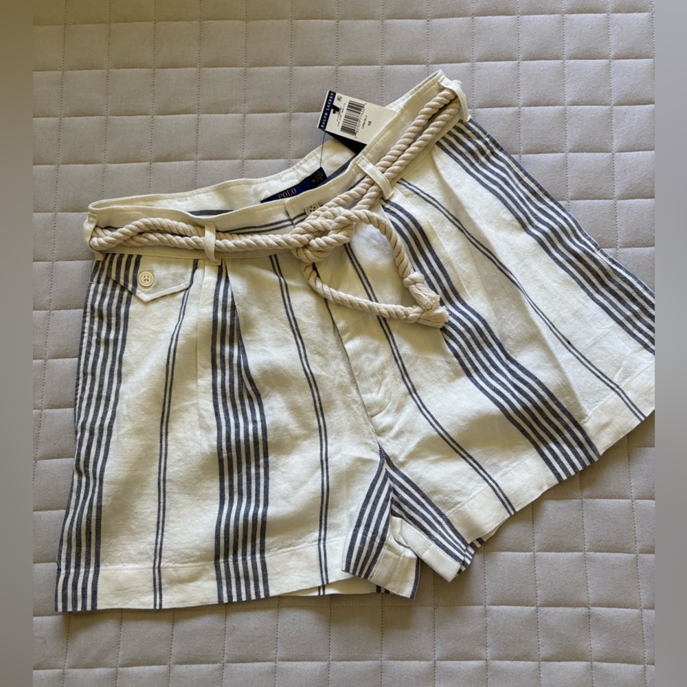 Ralph Lauren Cream and Navy Striped High-Waist Shorts with Rope Belt
